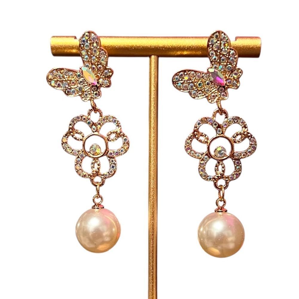 💎2/$30💎 Elegant Gold Iridescent Crystal Pearl Butterfly Dangle Earrings
